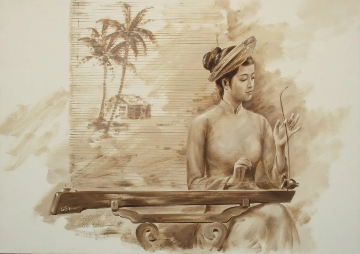 Tranh minh họa người chơi đàn bầu trong không gian làng quê